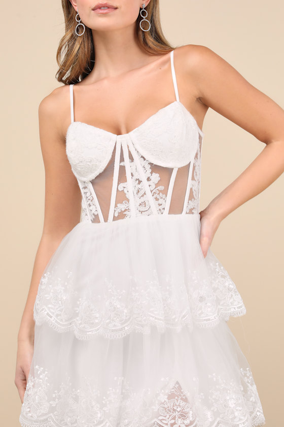 Lulus Alluring Sensation White Tulle Embroidered Tiered Maxi Dress In White