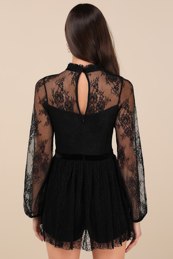 Lulus Incredibly Darling Black Lace Tie-neck Romper In Black