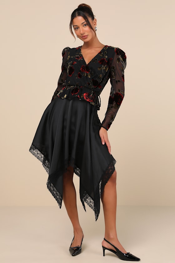 Lulus Indescribable Allure Black Satin Handkerchief Midi Skirt In Black