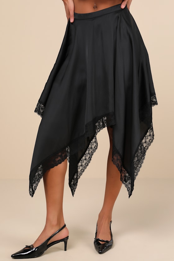 Lulus Indescribable Allure Black Satin Handkerchief Midi Skirt In Black