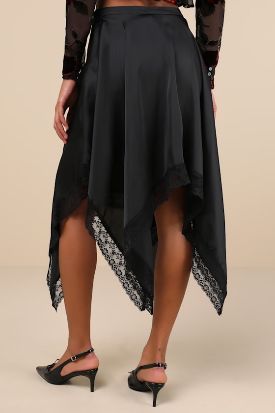 Lulus Indescribable Allure Black Satin Handkerchief Midi Skirt In Black