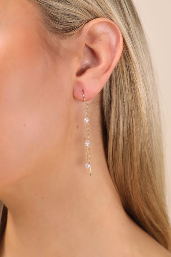 LULUS SIMPLY MEMORABLE GOLD PEARL THREADER EARRINGS