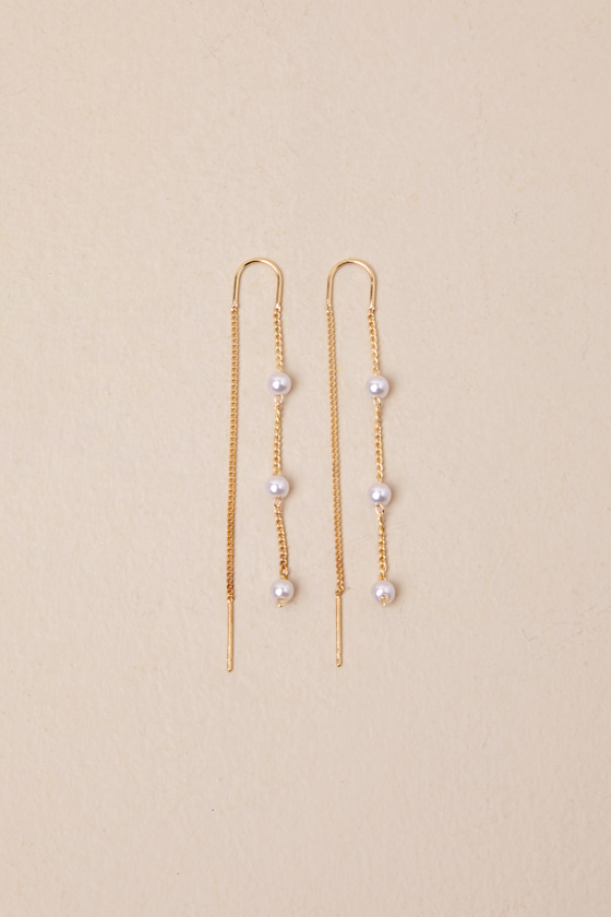 LULUS SIMPLY MEMORABLE GOLD PEARL THREADER EARRINGS