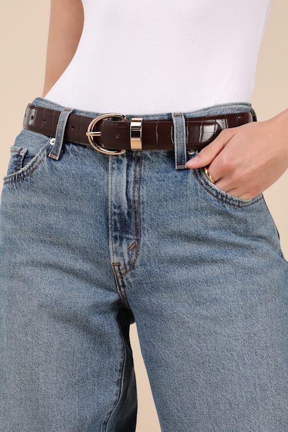 LULUS MODERN DETAILS BLACK AND BROWN CROC-EMBOSSED TWO-PIECE BELT SET