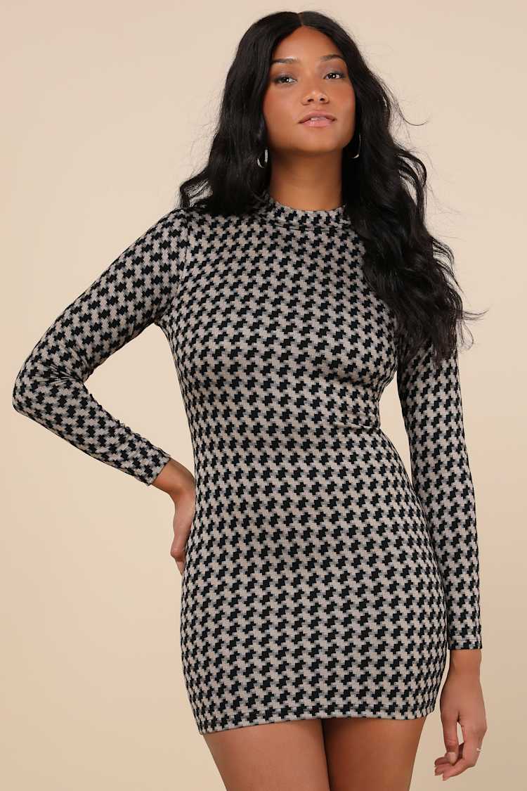 Cool Girl Status Black Print Mock Neck Long Sleeve Mini Dress