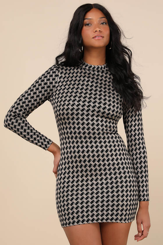 Cool Girl Status Black Print Mock Neck Long Sleeve Mini Dress