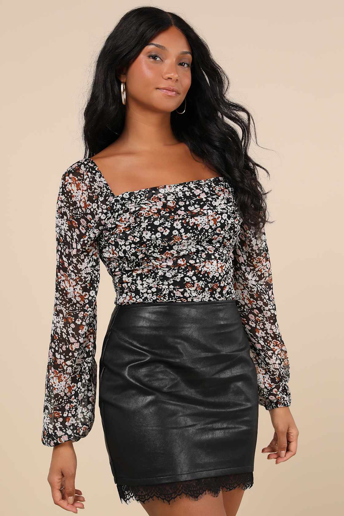 Mood Setter Black Floral Print Ruched Long Sleeve Top