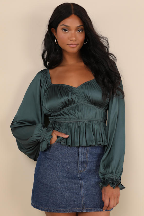 Sophisticate Dark Green Satin Ruched Long Sleeve Top - thumbnail 2