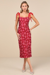 Lovely Darling Magenta Floral Jacquard Tie-Strap Midi Dress 2