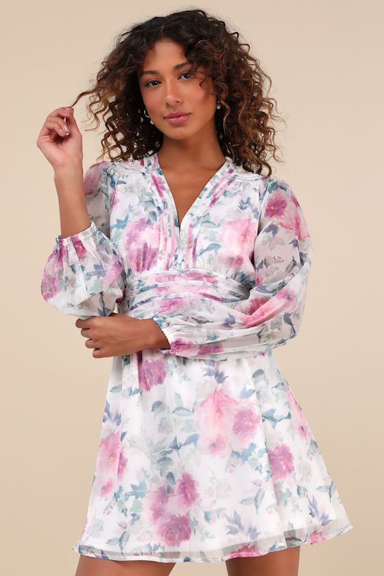 Lulus Gleaming Garden White Floral Print Long Sleeve Mini Dress In White