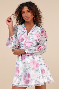Gleaming Garden White Floral Print Long Sleeve Mini Dress