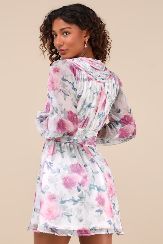 Lulus Gleaming Garden White Floral Print Long Sleeve Mini Dress In White