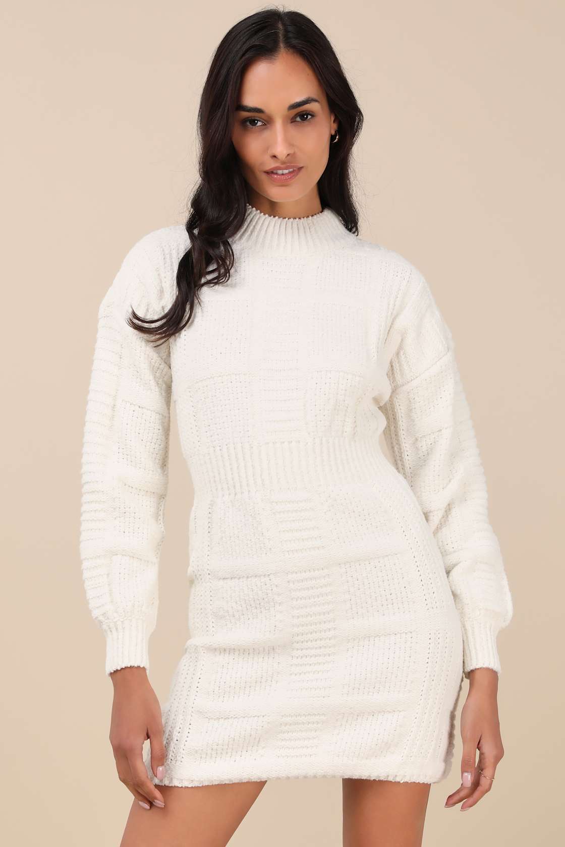 Patchwork It Cream Cable Knit Cutout Sweater Dress
