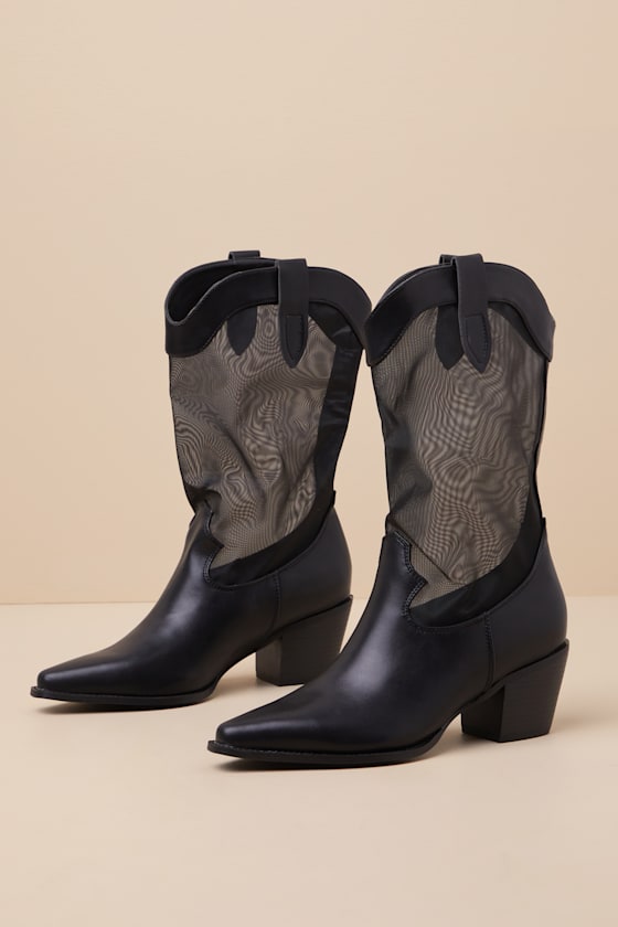 Lulus Wyley Black Sheer Mesh Mid-calf Western Boots In Black