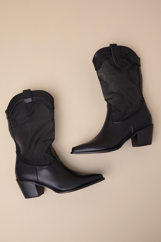 Lulus Wyley Black Sheer Mesh Mid-calf Western Boots In Black