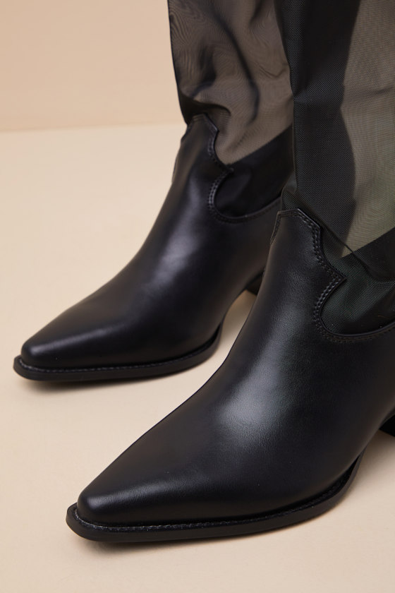 Lulus Wyley Black Sheer Mesh Mid-calf Western Boots In Black