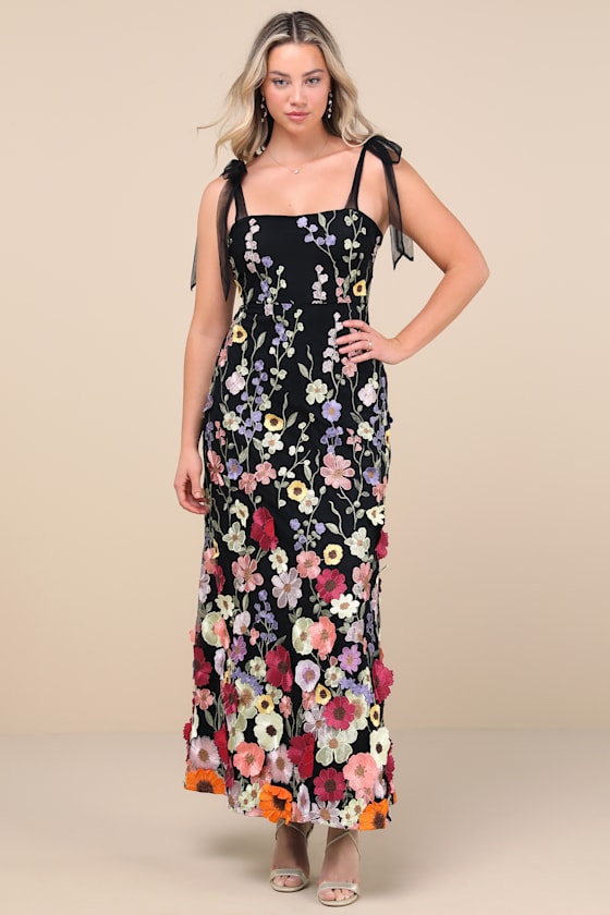 Product image for Thriving Poise Black 3D Floral Embroidered Tie-Strap Maxi Dress