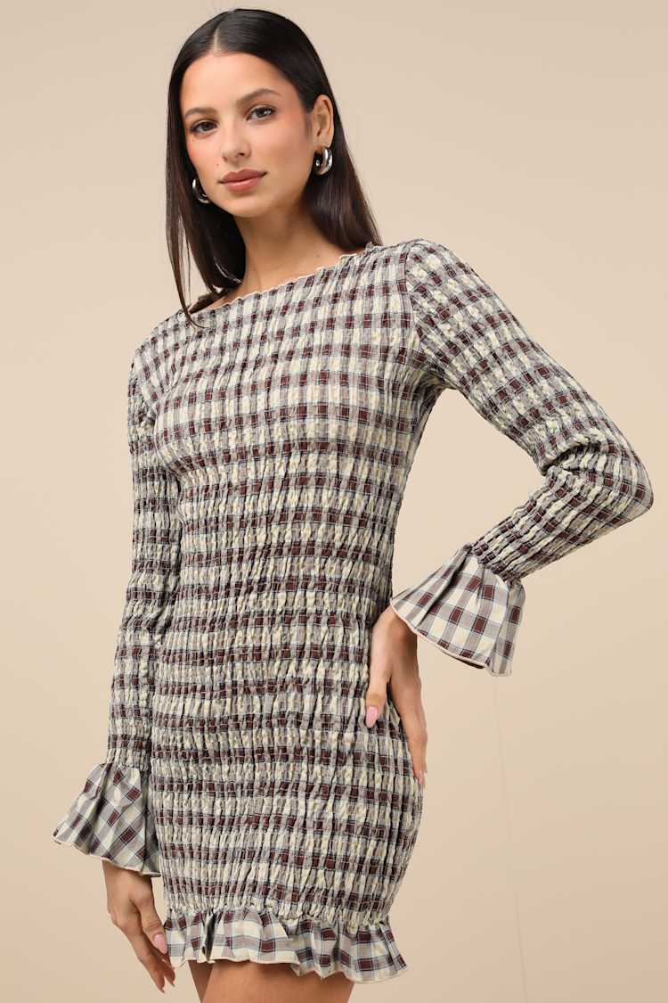 Poised Enthusiasm Brown Gingham Smocked Mini Dress