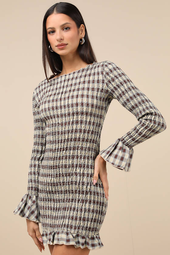 Poised Enthusiasm Brown Gingham Smocked Mini Dress 2