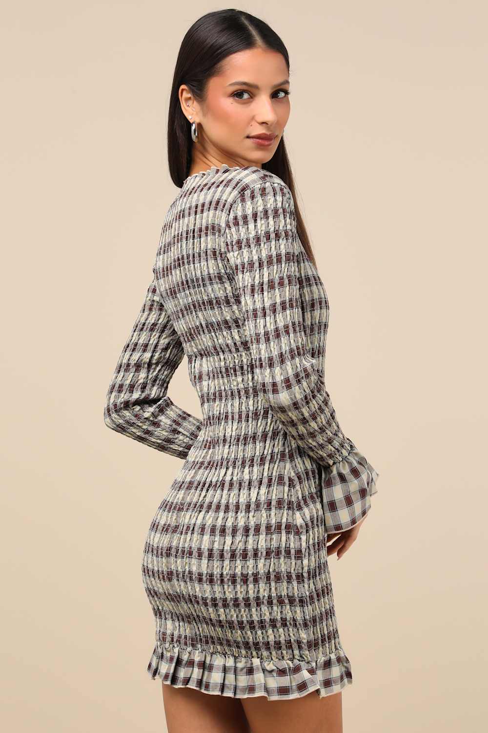 Poised Enthusiasm Brown Gingham Smocked Mini Dress