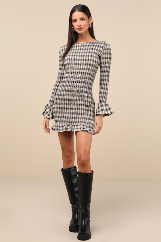 Poised Enthusiasm Brown Gingham Smocked Mini Dress 4