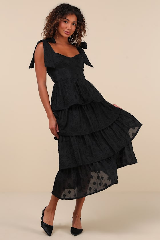 Lulus Gorgeous Excellence Black Floral Burnout Tiered Midi Dress In Black
