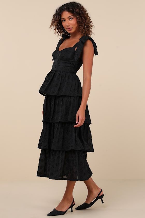 Lulus Gorgeous Excellence Black Floral Burnout Tiered Midi Dress In Black
