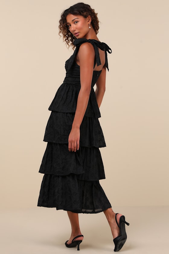 Lulus Gorgeous Excellence Black Floral Burnout Tiered Midi Dress In Black