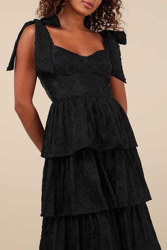Lulus Gorgeous Excellence Black Floral Burnout Tiered Midi Dress In Black
