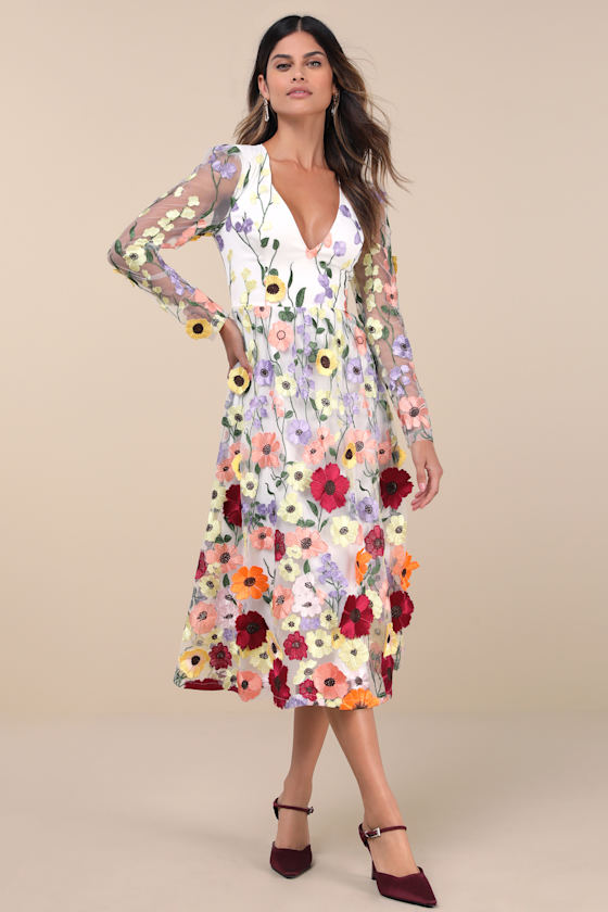Impressive Blossom White 3D Floral Embroidered Midi Dress 1