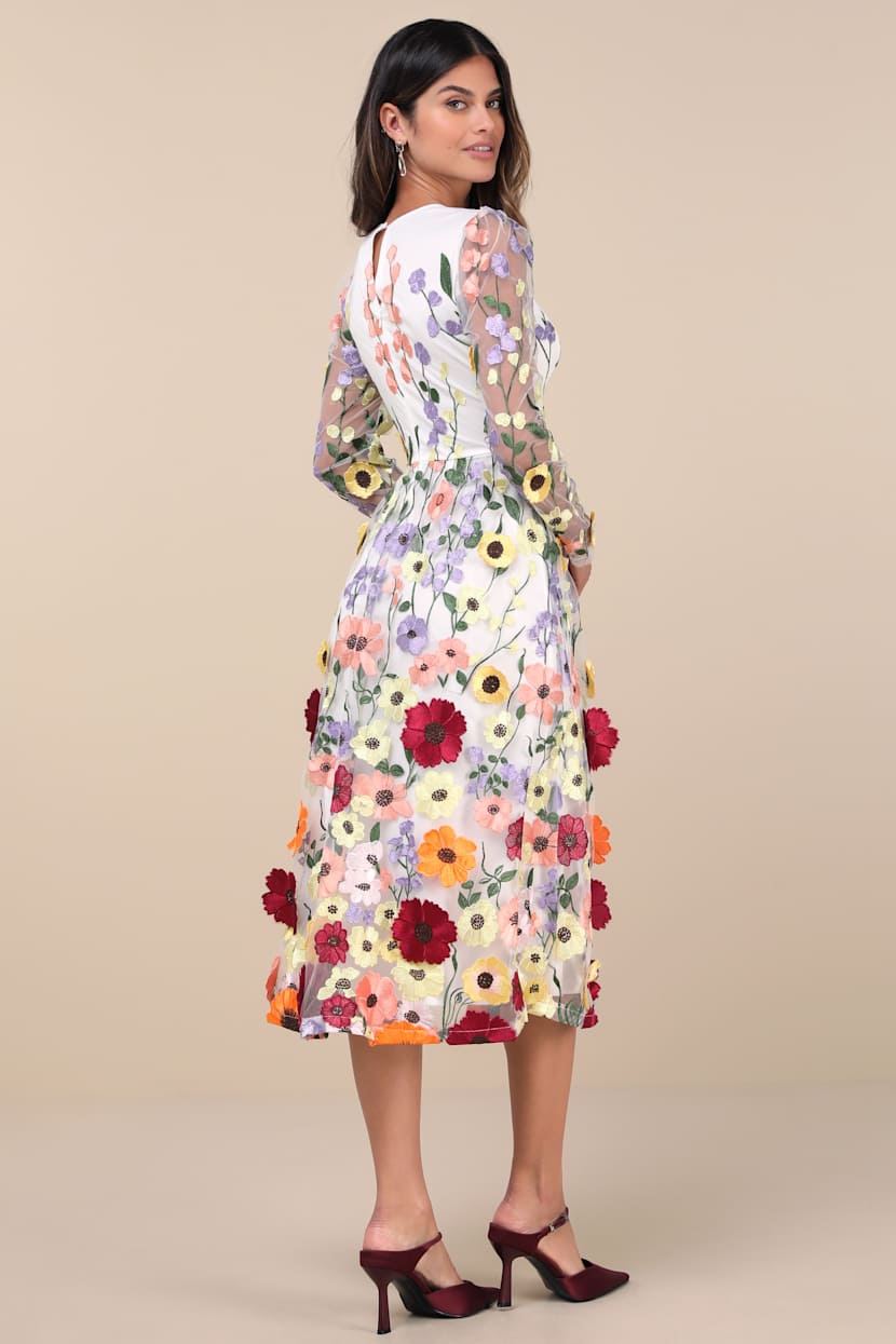 Impressive Blossom White 3D Floral Embroidered Midi Dress