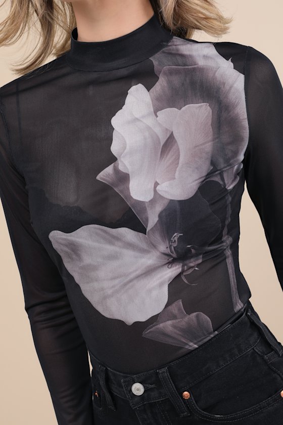 Lulus Prettiest Allure Black Floral Sheer Mesh Mock Neck Top In Black