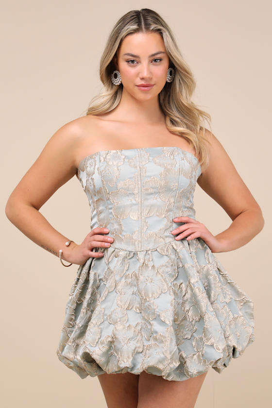 Image of Delightful Dreamer Light Blue Jacquard Bubble-Hem Mini Dress