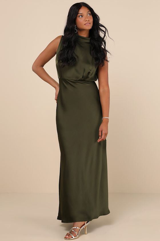 Classic Elegance Olive Satin Sleeveless Mock Neck Maxi Dress - thumbnail 2