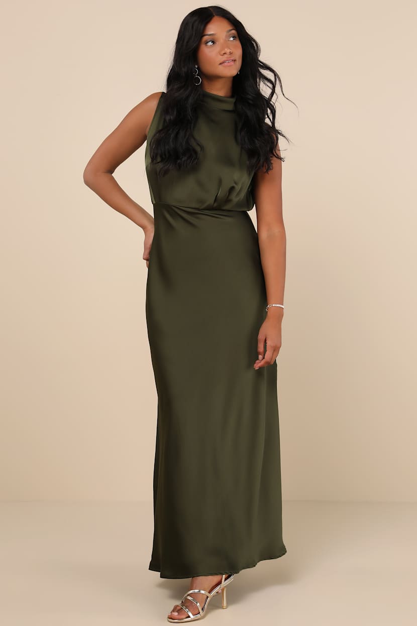 Classic Elegance Olive Satin Sleeveless Mock Neck Maxi Dress