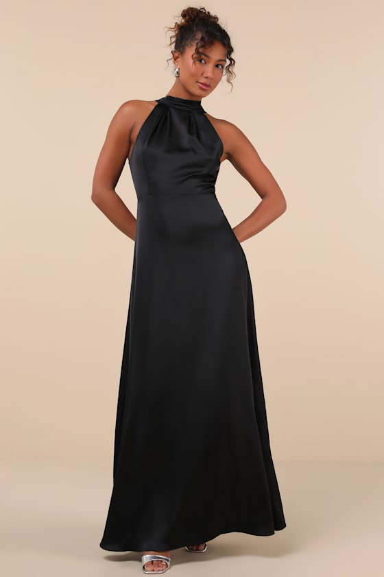 Regal Loveliness Black Satin Pleated Mock Neck Maxi Dress 1