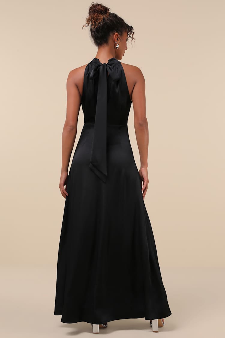 Regal Loveliness Black Satin Pleated Mock Neck Maxi Dress