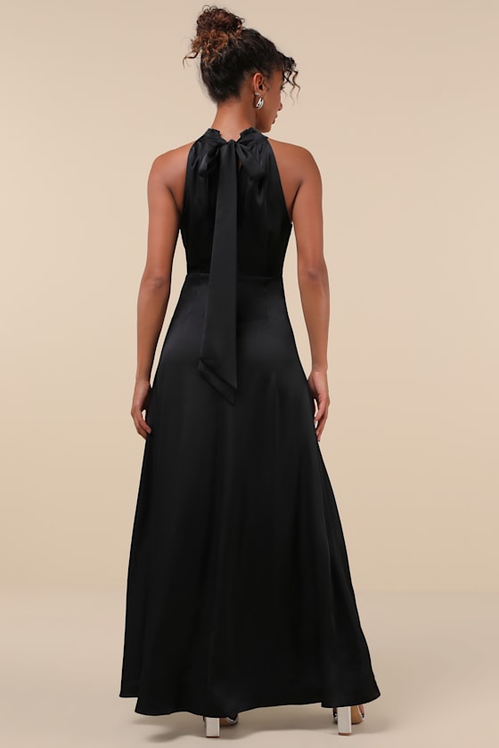 Regal Loveliness Black Satin Pleated Mock Neck Maxi Dress 2