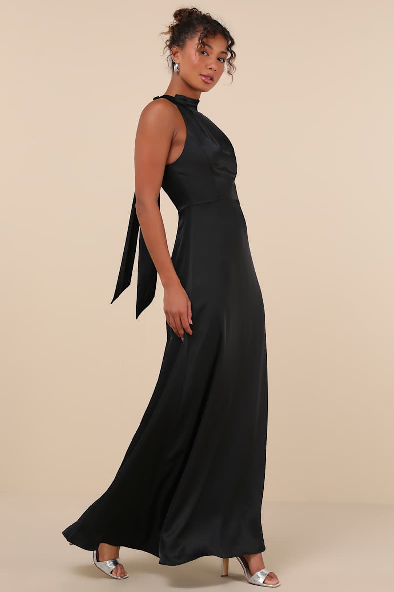Regal Loveliness Black Satin Pleated Mock Neck Maxi Dress