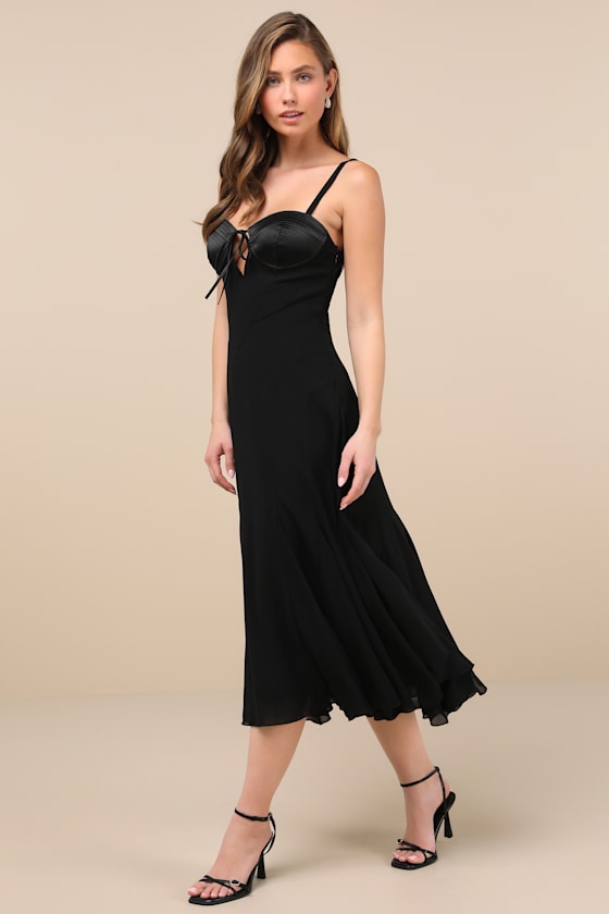 Lulus Enticing Invite Black Pleated Midi Dress In Black
