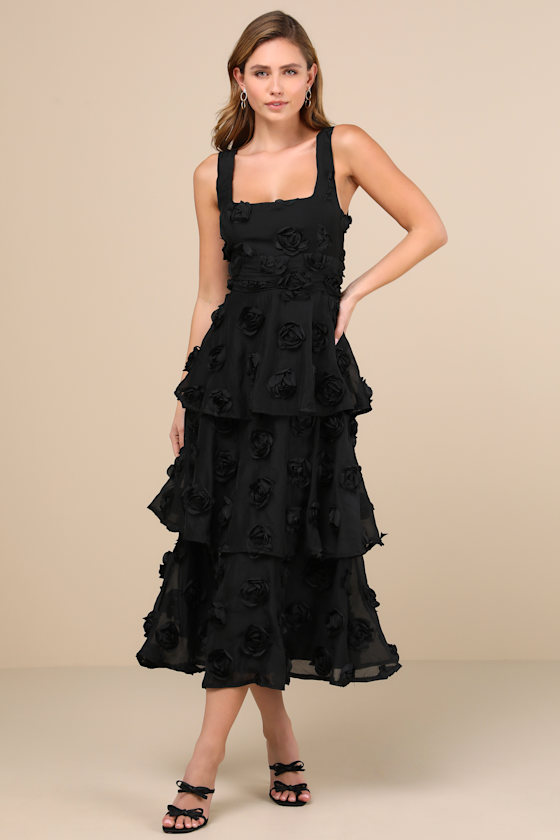 Lulus Exceptional Entrance Black Sleeveless Tiered Rosette Midi Dress In Black