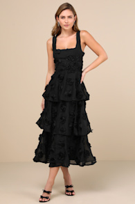 Exceptional Entrance Black Sleeveless Tiered Rosette Midi Dress
