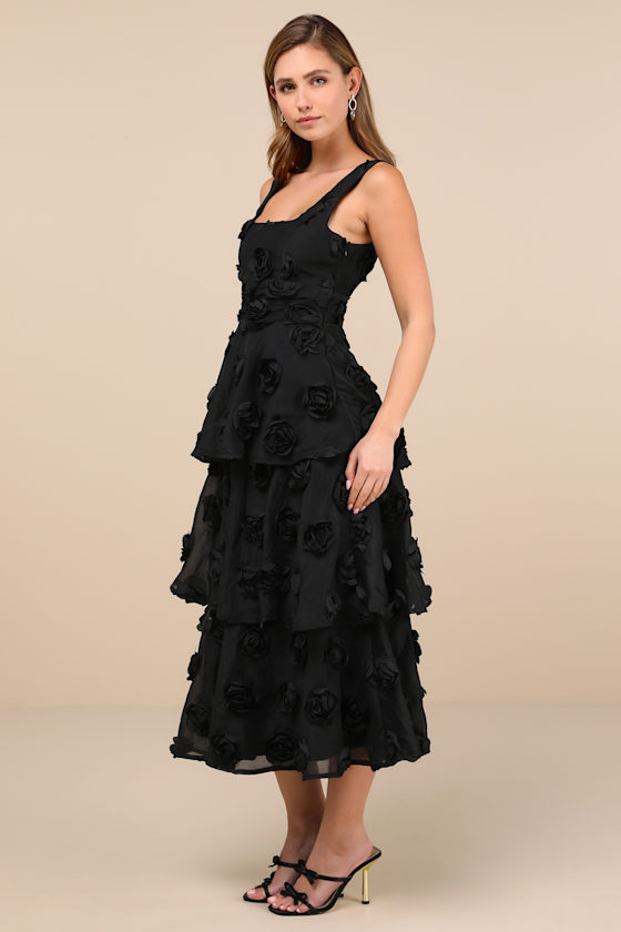 Lulus Exceptional Entrance Black Sleeveless Tiered Rosette Midi Dress In Black