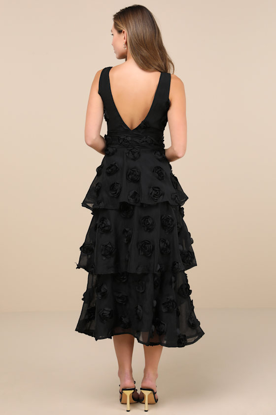 Lulus Exceptional Entrance Black Sleeveless Tiered Rosette Midi Dress In Black