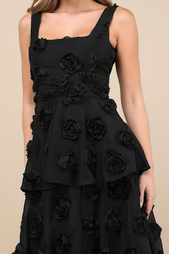 Lulus Exceptional Entrance Black Sleeveless Tiered Rosette Midi Dress In Black