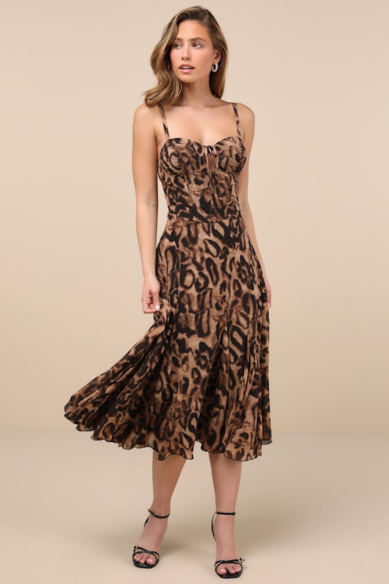 Lulus Enticing Invite Brown Leopard Print Pleated Midi Dress In Brown