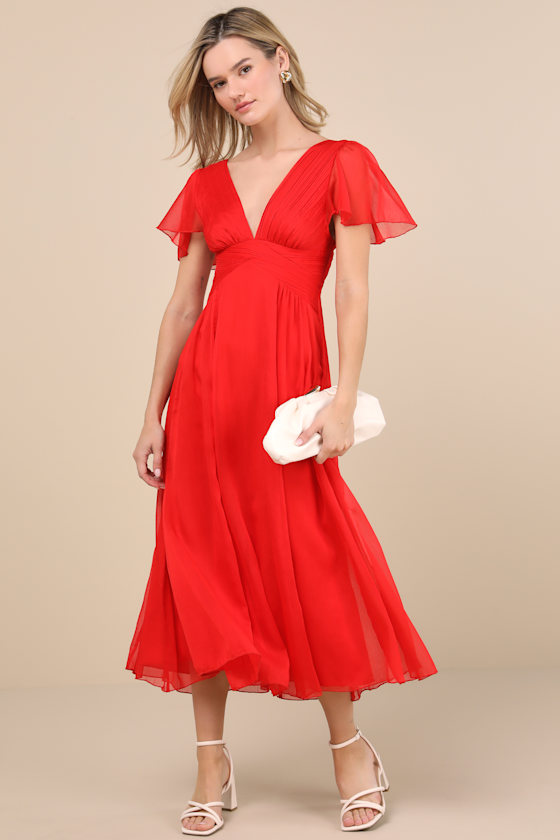 Red Chiffon Midi Dress - Flutter Sleeve Dress - Pleated Dress - Lulus