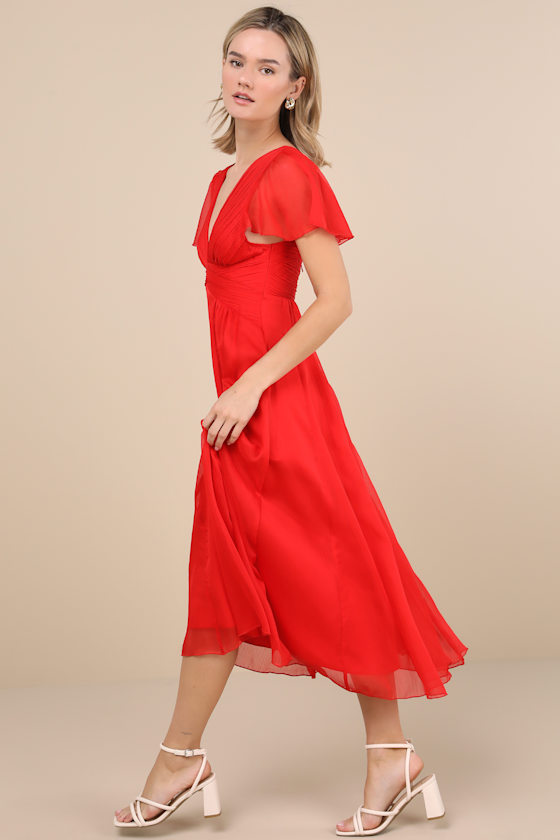 Ideal Perception Red Flutter Sleeve Chiffon Midi Dress 3