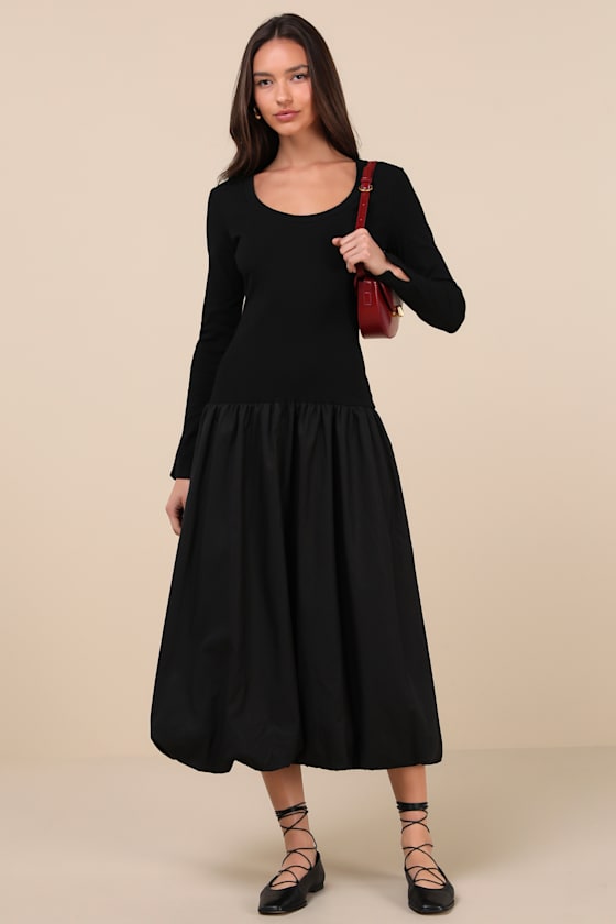 Lulus Sophisticated Chic Black Mixed Media Midi Dress In Black