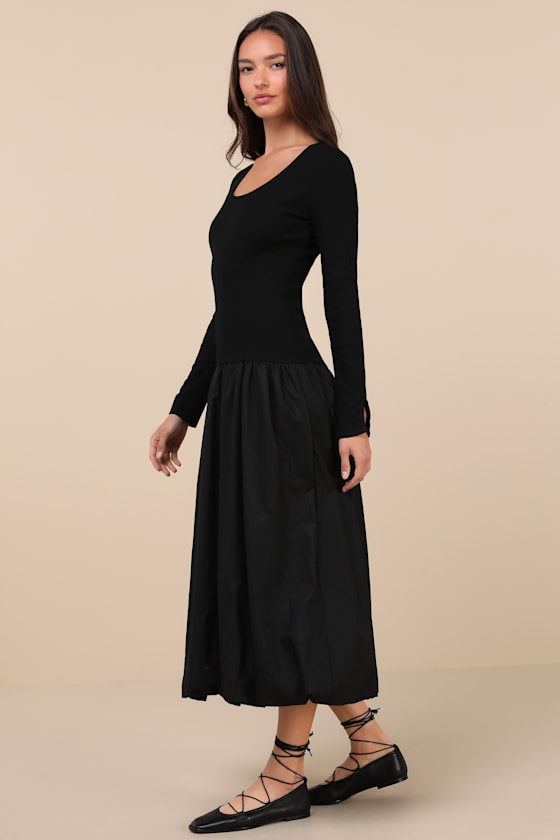 Lulus Sophisticated Chic Black Mixed Media Midi Dress In Black